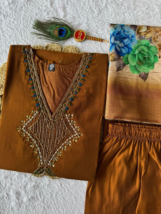 Coffee Premium Mul Chanderi Kurti Pant & Heavy Lichi Silk Dupatta Set