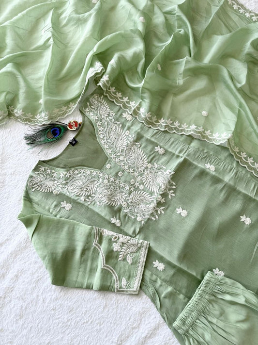 Pista Green Pure Mul Chanderi Kurti Pant & Dupatta Set