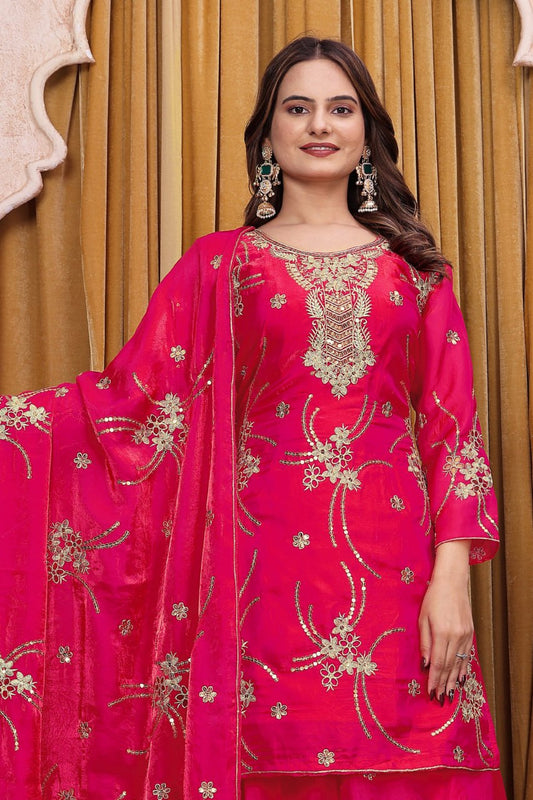 Vibrant Rani Pink Heavy Gold Embroidery Sharara Suit Set