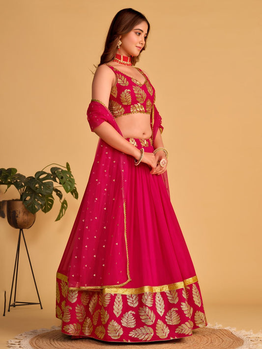Premium Fuchsia Pink Georgette Lehenga Choli with Golden Leaf Border & Can-Can Layering