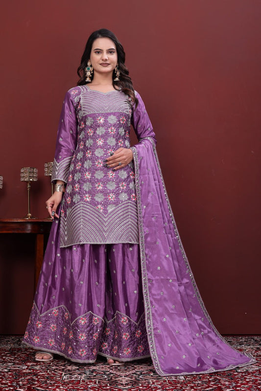 Traditional Purple Silk Blend Kurta and Sharara Collection