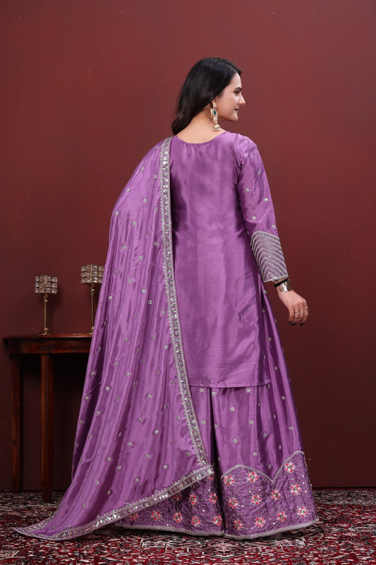 Traditional Purple Silk Blend Kurta and Sharara Collection