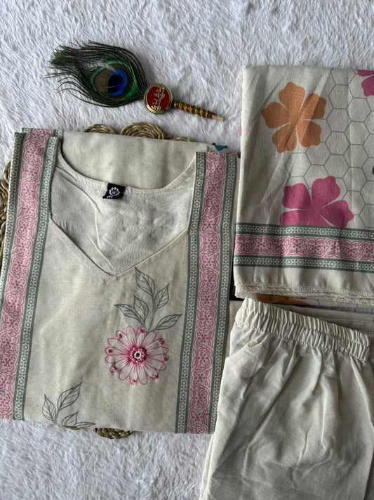 Off-White & Multi-Color Floral Print Kurti Pant and Dupatta Set
