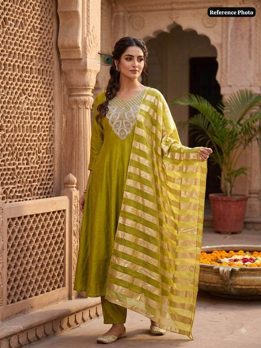 Parrot Green Premium Glass Roman Silk Kurti Pant & Dupatta Set