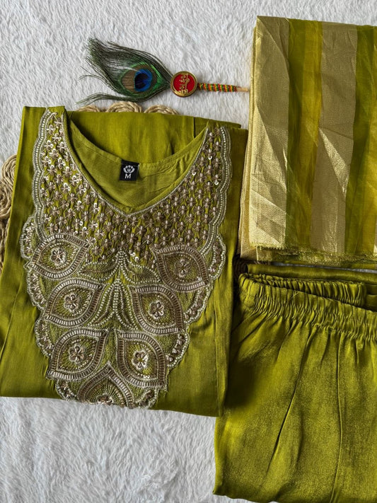 Parrot Green Premium Glass Roman Silk Kurti Pant & Dupatta Set