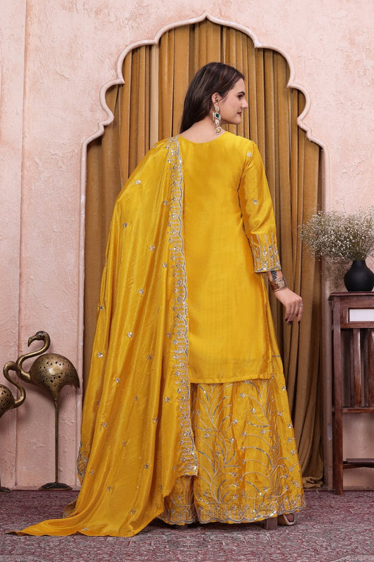 Vibrant Yellow Heavy Mirror Work Kurti with Sharara & Dupatta Set