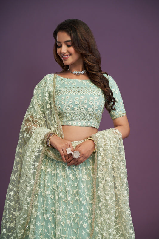 Mint Green Heavy Thread & Sequin Work Net Lehenga Choli Set