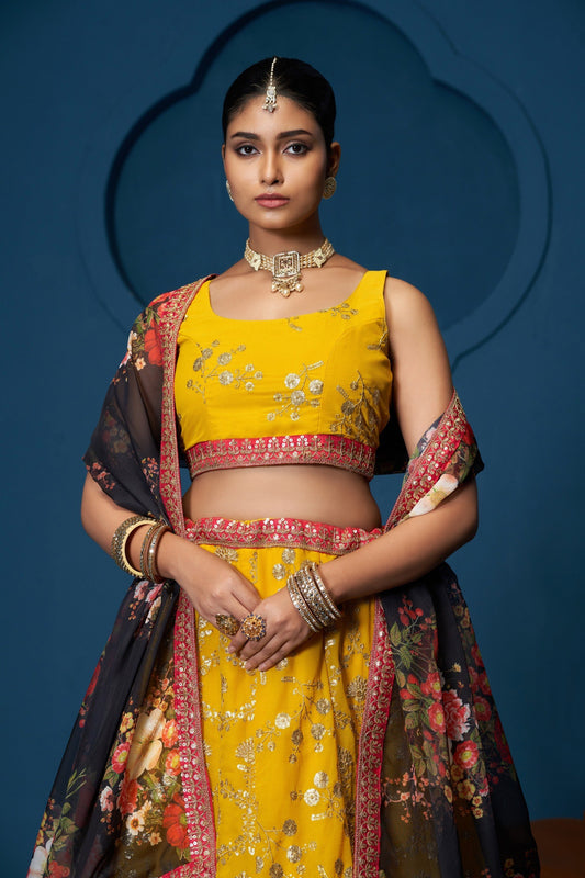 Vibrant Yellow Heavy Embroidered Lehenga Choli with Printed Dupatta