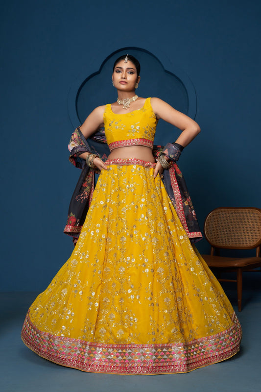 Vibrant Yellow Heavy Embroidered Lehenga Choli with Printed Dupatta