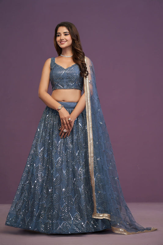 Designer Party Wear Slate Grey Geometrical Sequin Lehenga Outfit