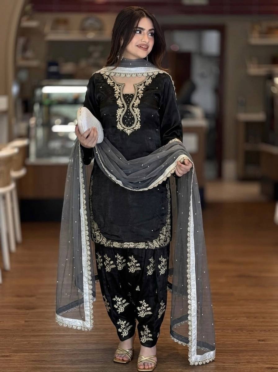 Party Wear Glass Satin Top, Farshi Palazzo & Dupatta Set