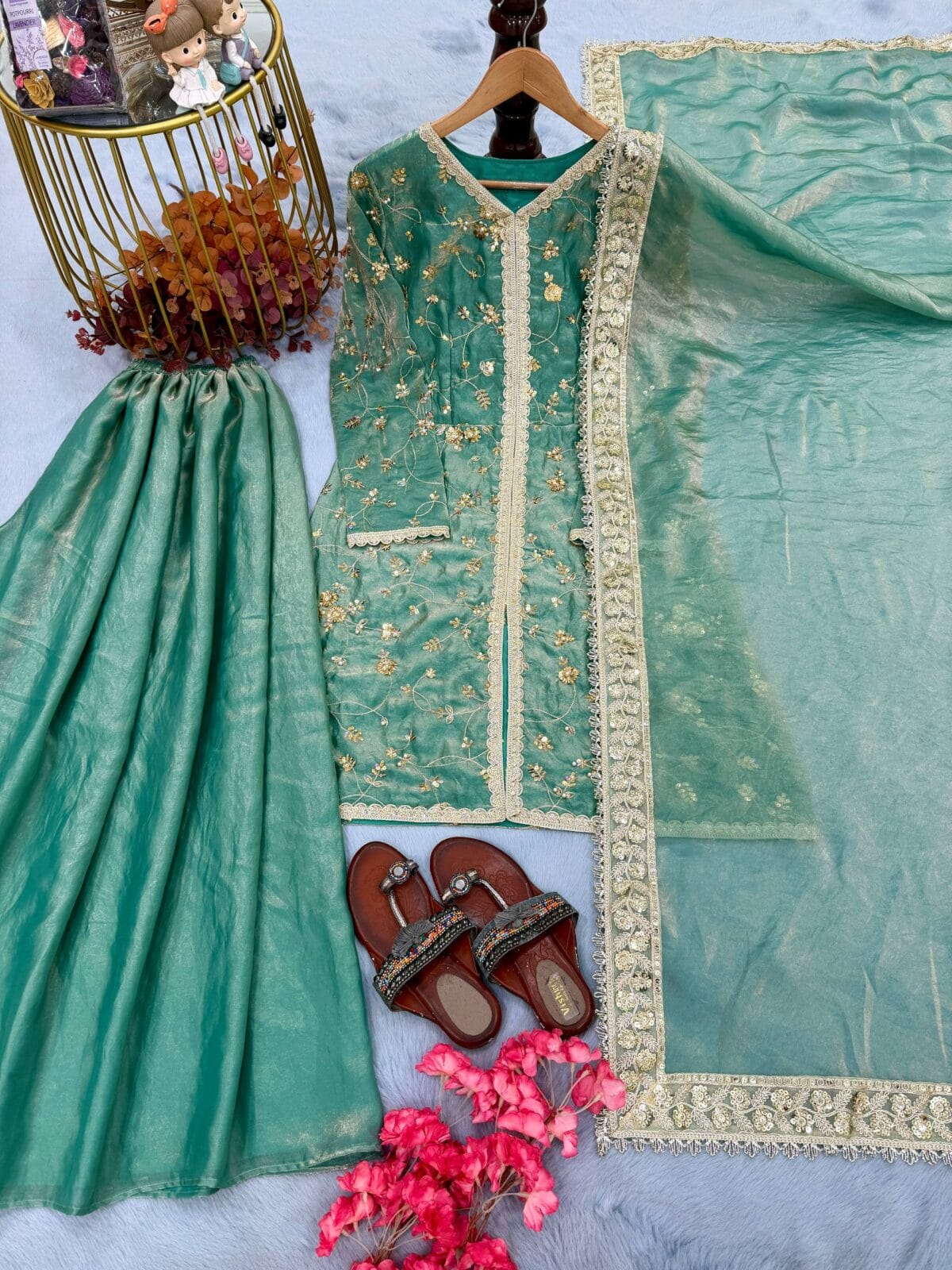 Designer Party Wear Fendi Silk Top, Plazzo & Dupatta Set