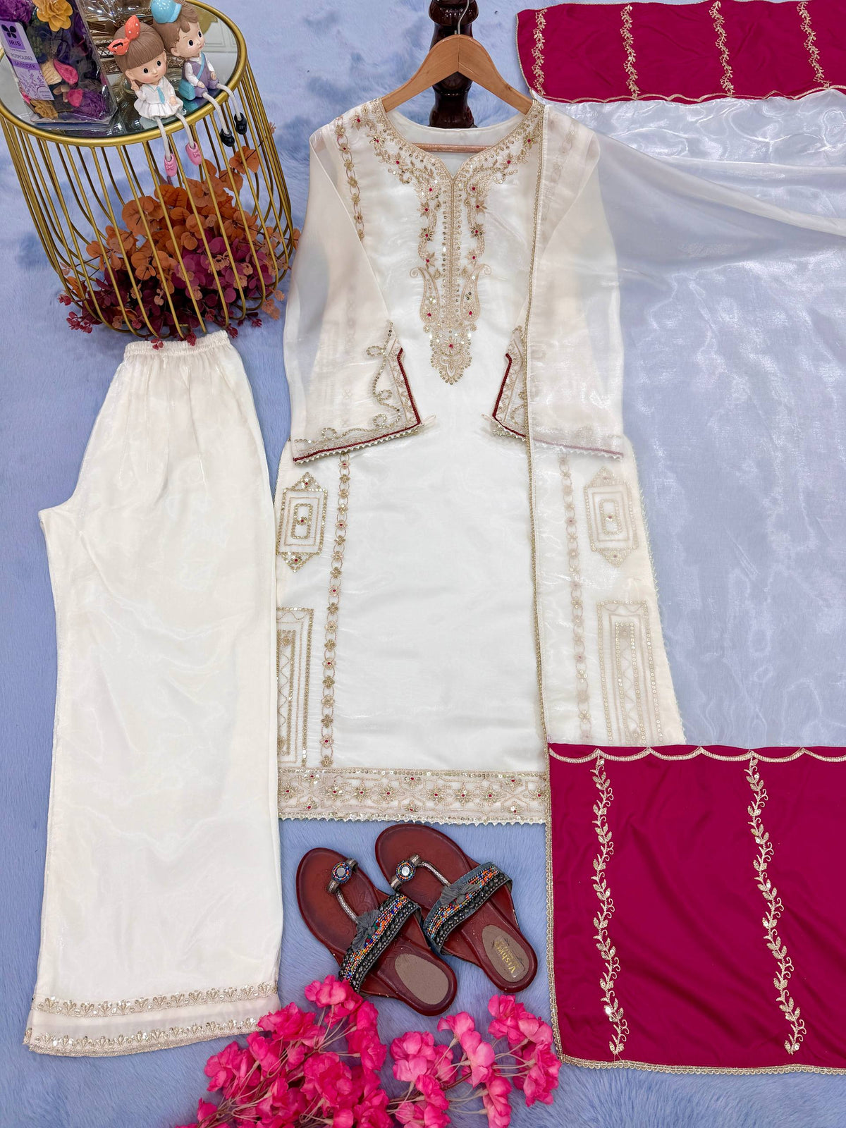 Designer Party Wear Jimmy Choo Silk Top, Plazzo & Dupatta Set