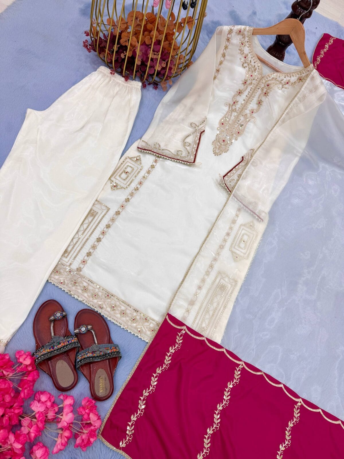 Designer Party Wear Jimmy Choo Silk Top, Plazzo & Dupatta Set