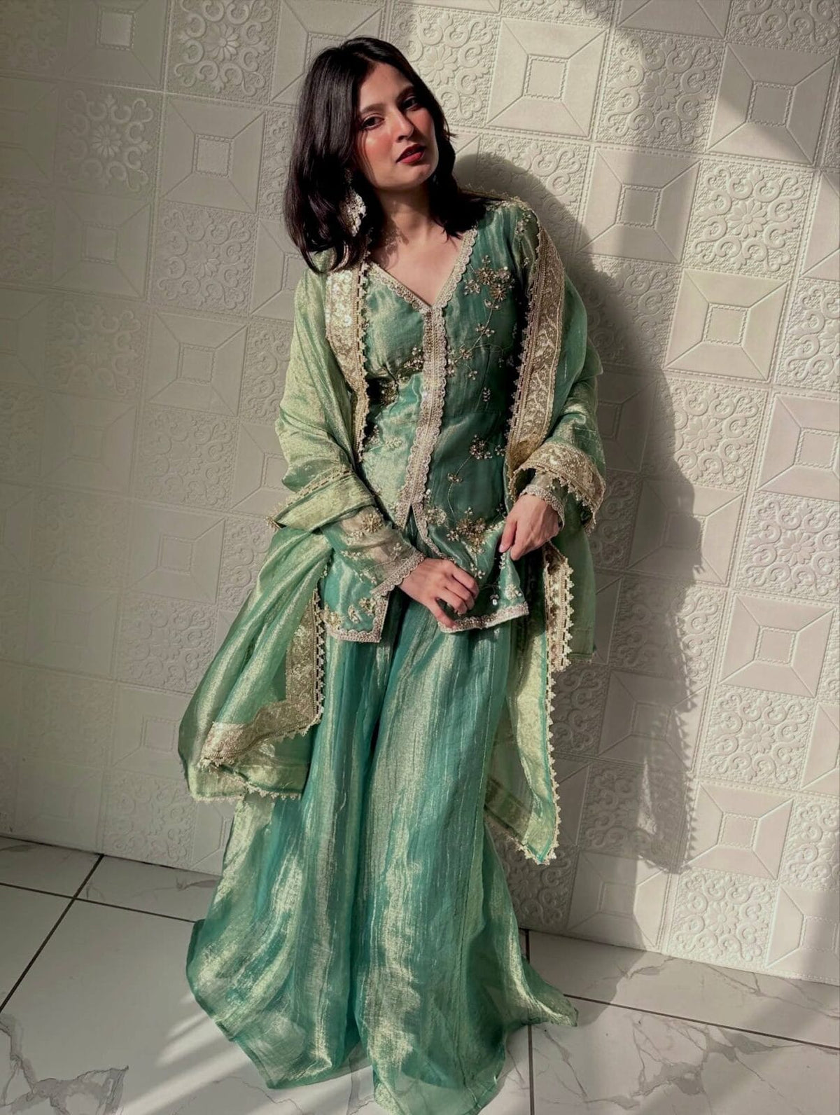 Designer Party Wear Fendi Silk Top, Plazzo & Dupatta Set