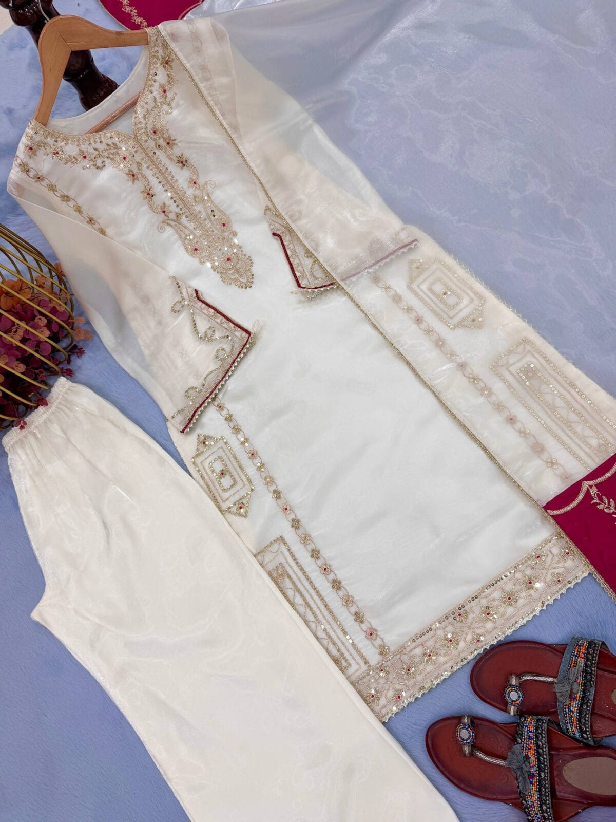 Designer Party Wear Jimmy Choo Silk Top, Plazzo & Dupatta Set
