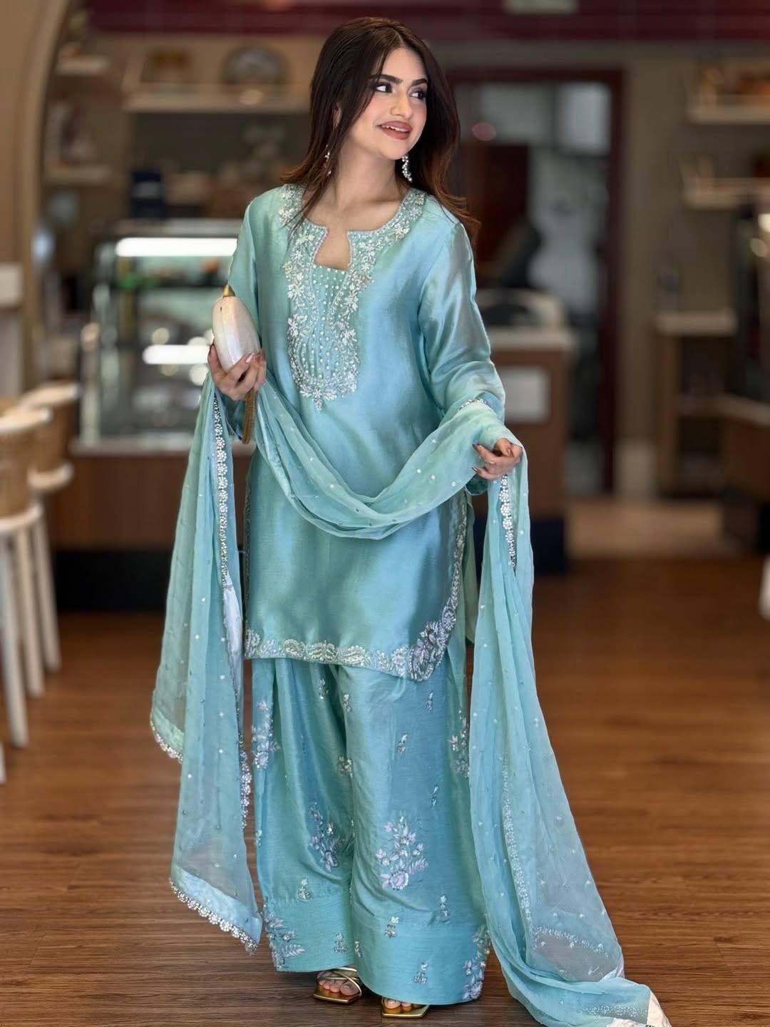 Party Wear Glass Satin Top, Farshi Palazzo & Dupatta Set