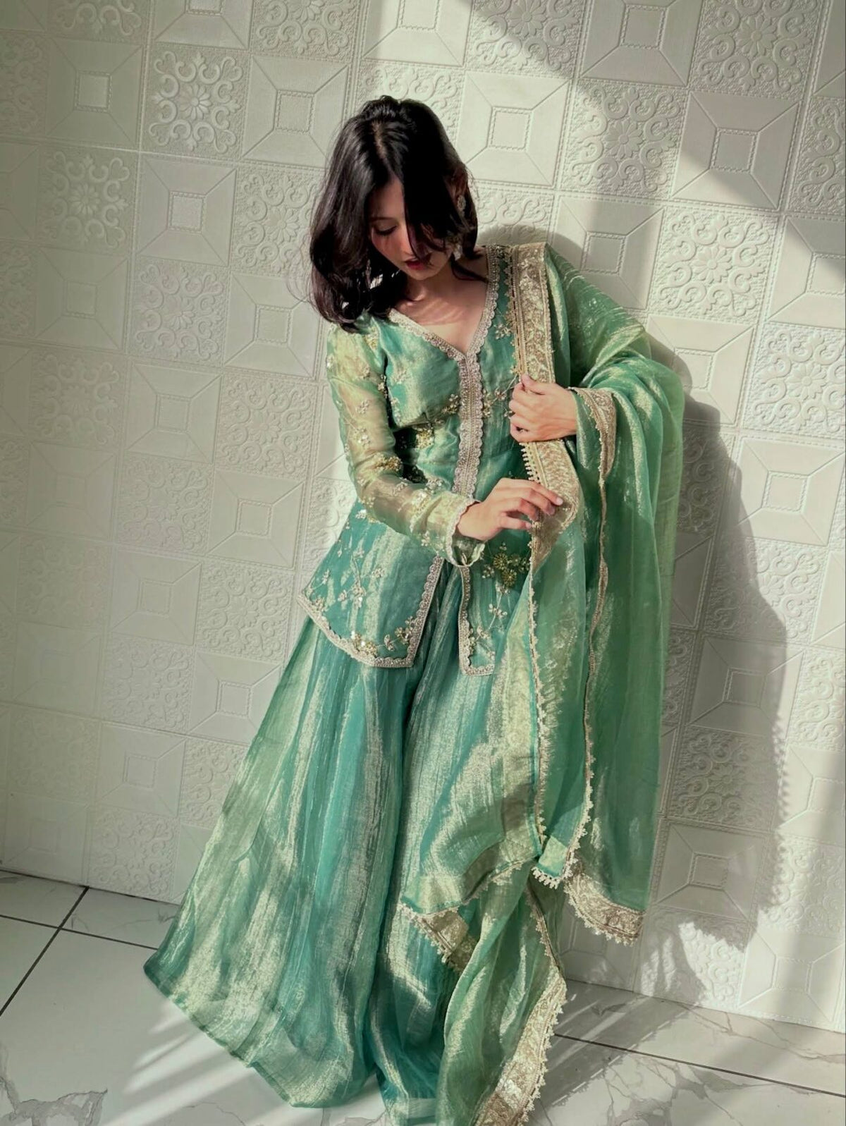 Designer Party Wear Fendi Silk Top, Plazzo & Dupatta Set