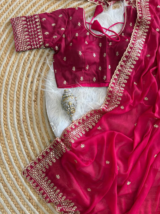 Pure Soft Georgette Silk Saree with Embroidery Sequence Work, Multi-Thread Border and Stitched Blouse