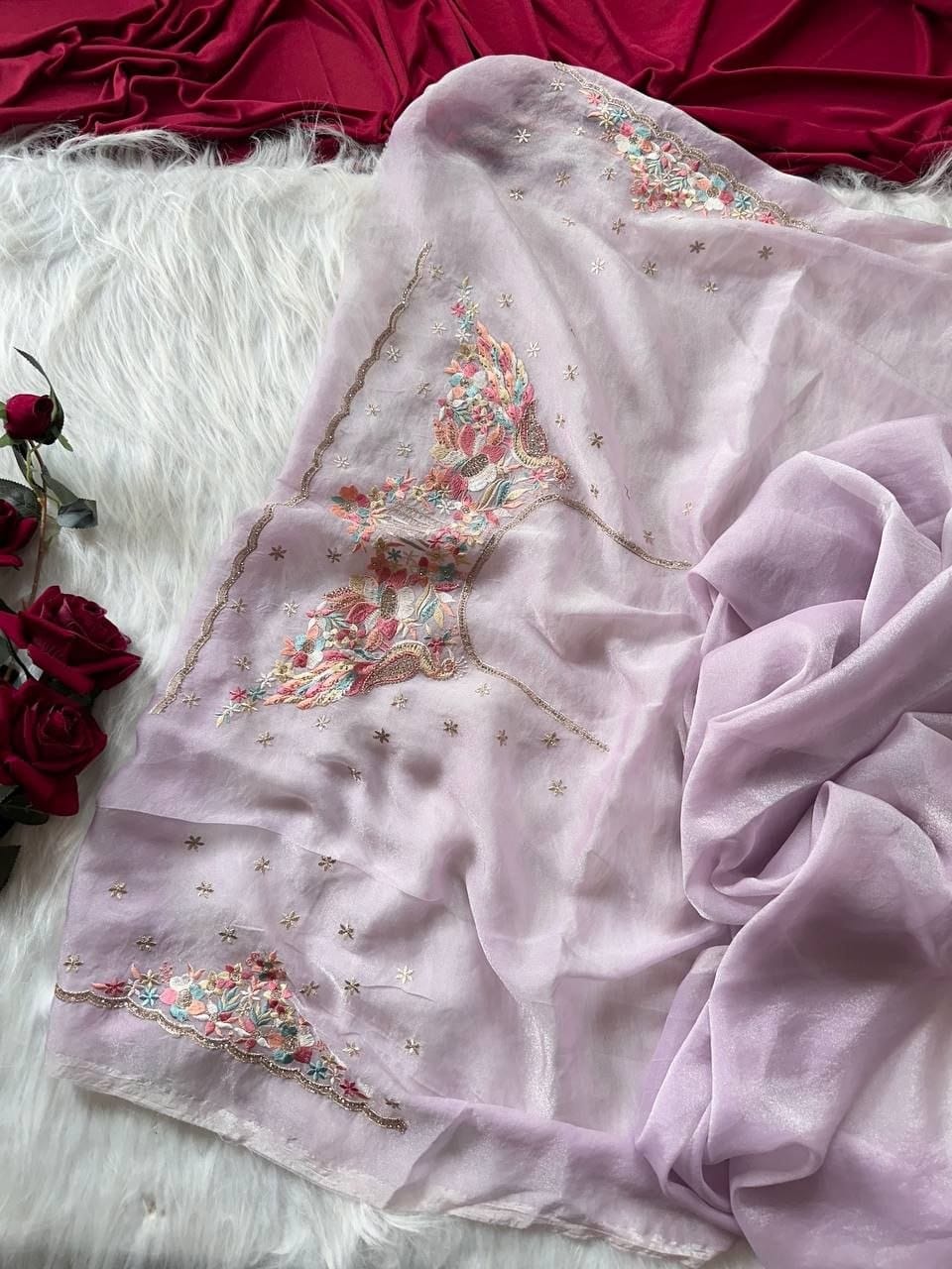 Premium Pastel Moss Chiffon Saree with Peacock Embroidery & Stitched Blouse