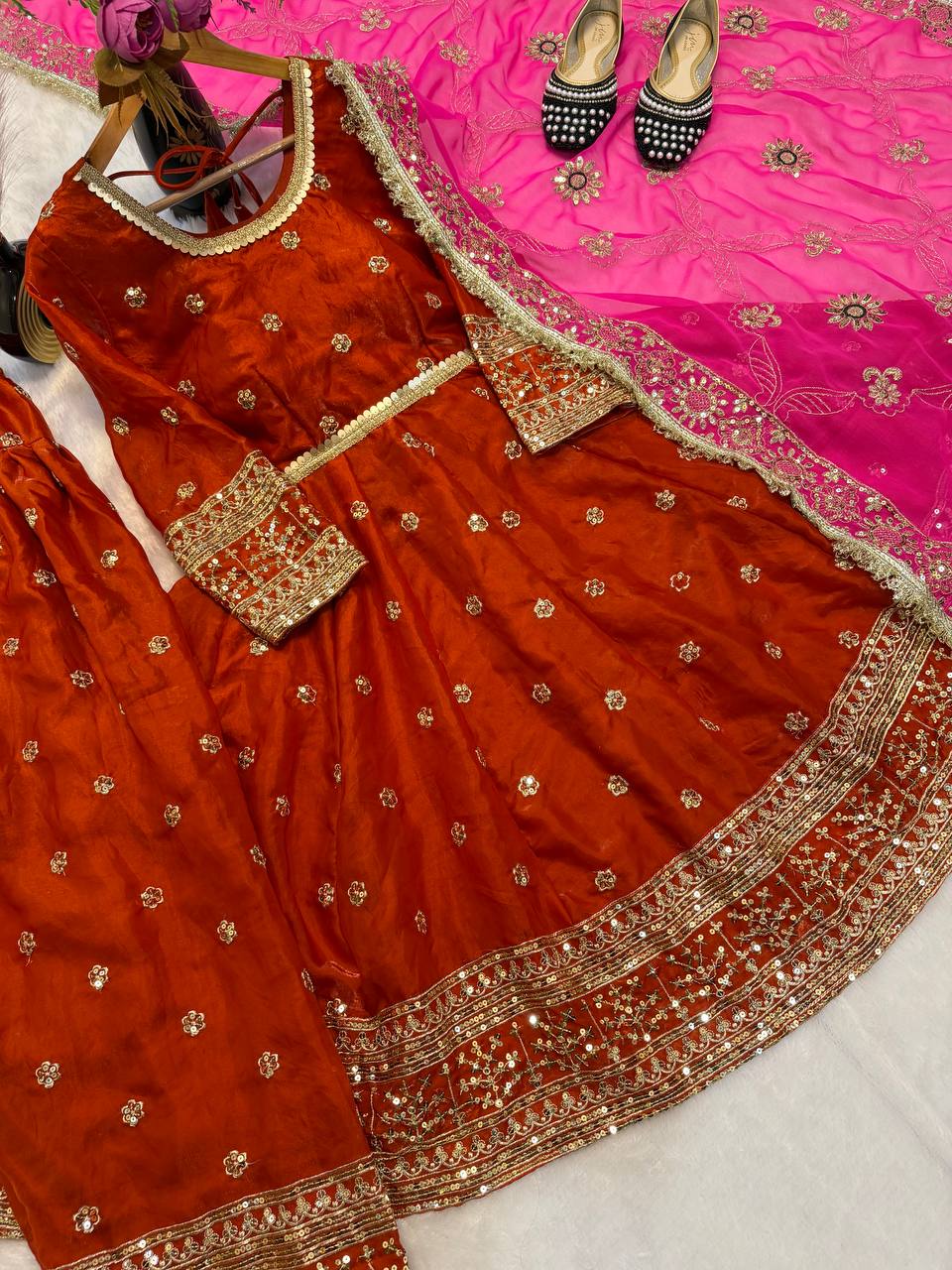 Premium Fandy Silk Flared Top & Farshi Salwar Set with 5mm Sequence Work
