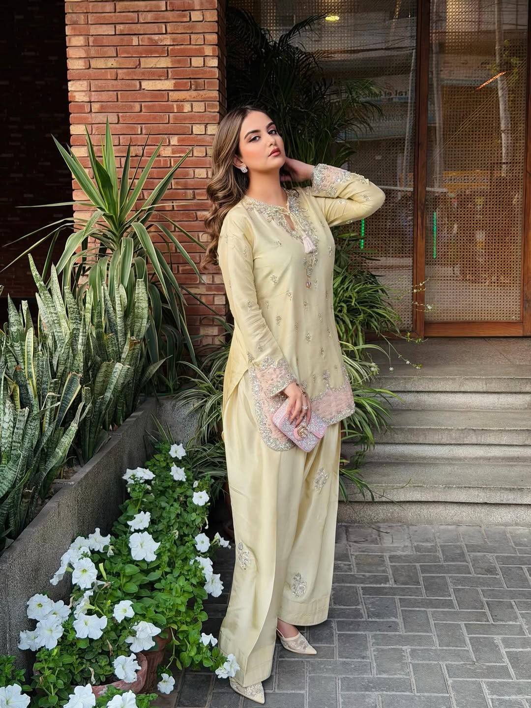 Designer Party Wear Japan Satin Top, Farshi Palazzo & Dupatta Set