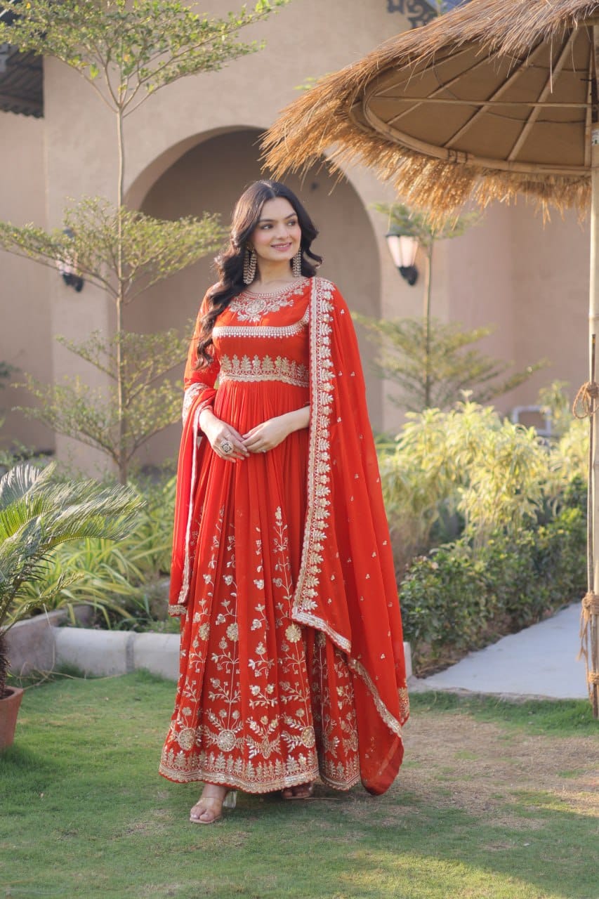 Premium Faux Blooming Georgette Zari & Sequins Embroidered Gown with Dupatta Set