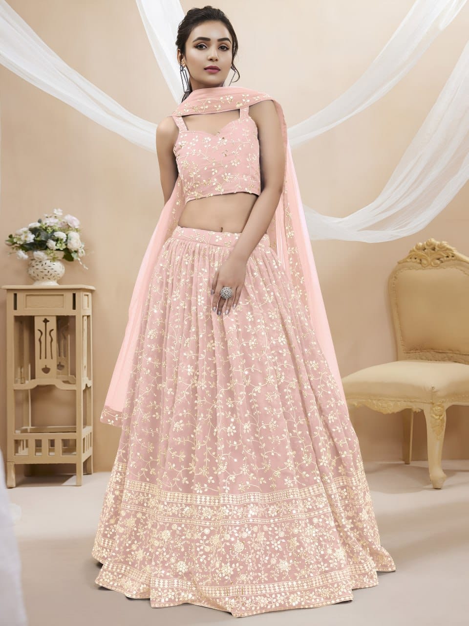 Premium Olive Enchantment Floral Georgette Lehenga Choli with Can-Can Layering & Net Dupatta