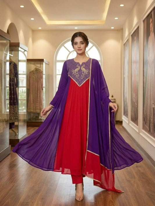 Royal Blue Long Flared Kurti Set with Gold Embroidered Yoke