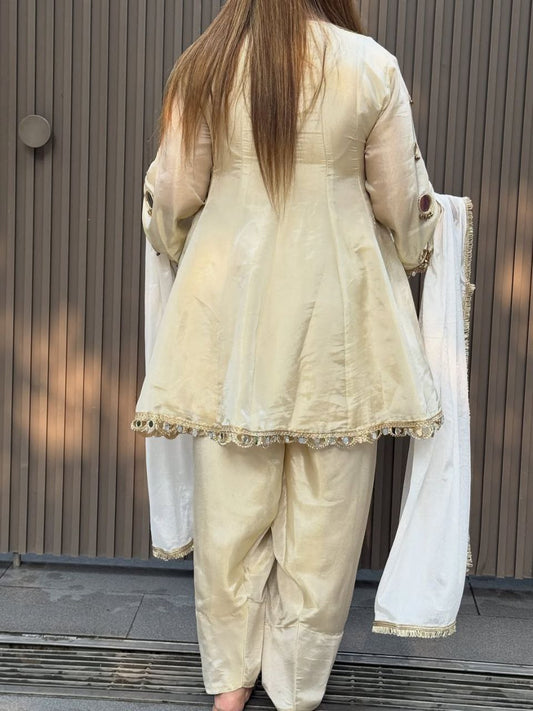 Off-White Heavy Mirror Work Peplum Kurti with Dhoti Pants and Dupatta