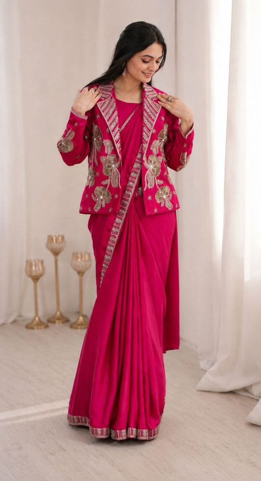 Indo-Western Party Wear Magenta Saree Outfit with Statement Blazer Shrug