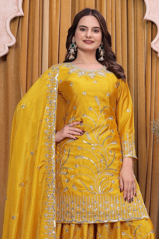 Designer Yellow Sharara Suit with Heavy Silver Embroidery and Dupatta