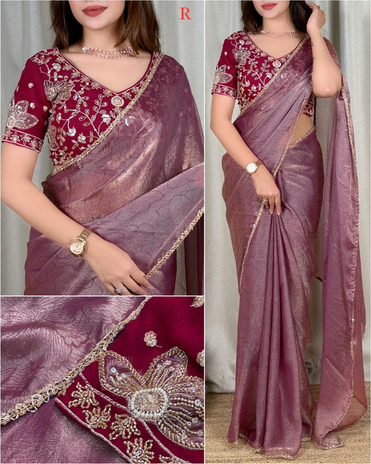 Premium Tissue Organza Saree with Heavy Zari & Bead Embroidered Blouse