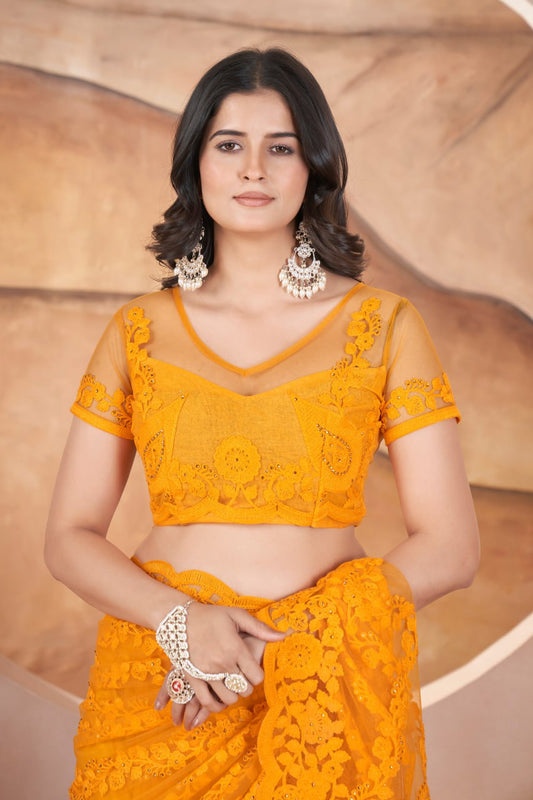 Designer Party Wear Floral Net Saree with Scalloped Border & Sequins Work
