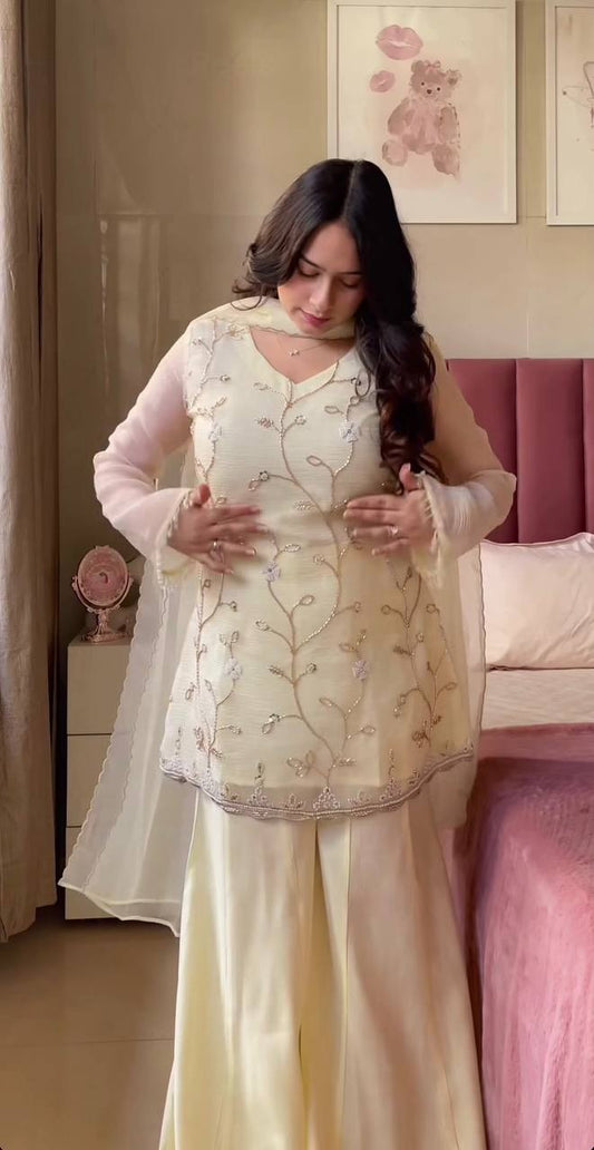 Designer Festive Wear Ethnic Short Kurta & Flared Palazzo Ensemble with Sheer Dupatta
