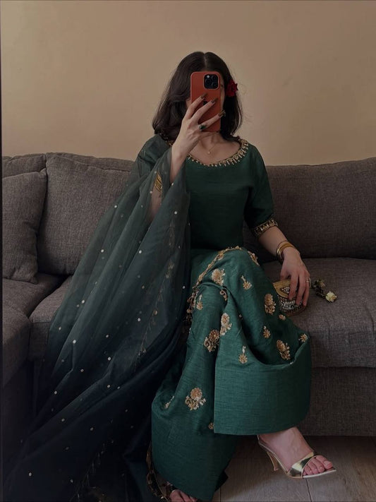 Bottle Green Heavy Embroidered Short Kurti and Sharara Set with Coin Tassels & Dupatta