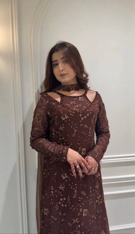 Gorgeous Coffee Brown Georgette Kurta Set with Chic Cut-Out Neckline & Intricate Thread Work