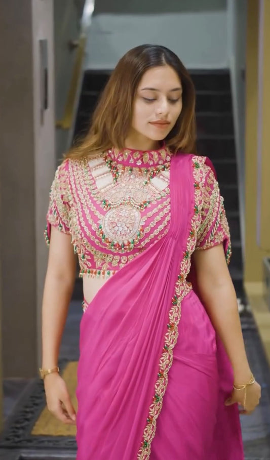 Super Trending Embroidery Sequence work ready to wear saree with Embroidery Blouse