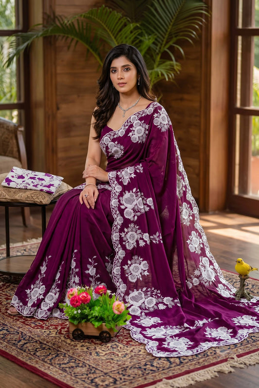 Designer Fancy Georgette Saree with Heavy White Floral Thread Embroidery Work and Blouse Piece