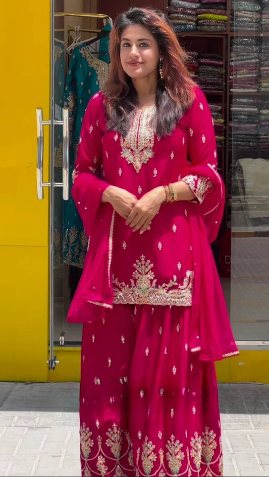 Designer Kurti with Palazzo and Dupatta Set Featuring Heavy Neck & Hem Embroidery Work