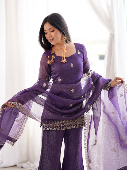 Royal Purple Embroidered Kurti with Matching Sharara & Dupatta Set