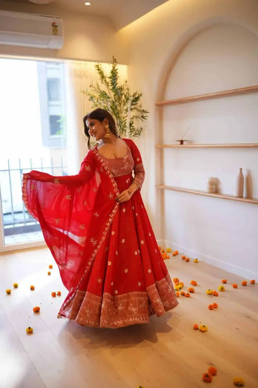 Designer Heavy Embroidered Georgette Long Flared Anarkali Gown with Pant and Matching Dupatta Set