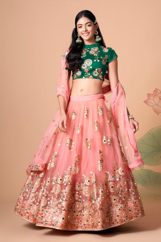 Blush Pink & Emerald Green Floral Lehenga Choli