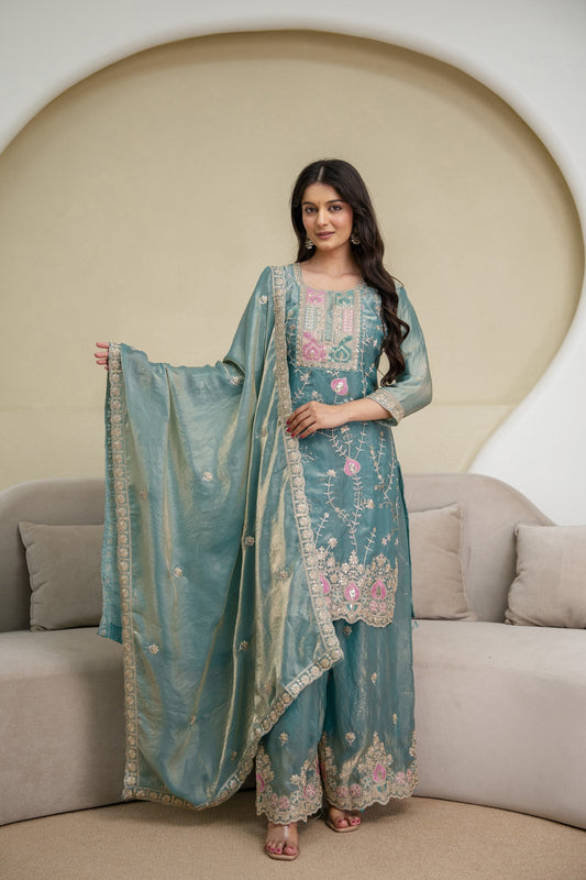Designer Party Wear Look Heavy Fendy Silk Top Plazzo & Dupatta Set