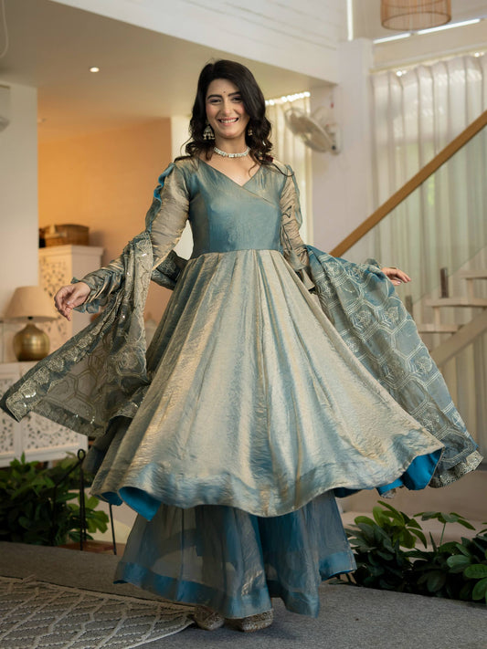 Designer Ruffle Sleeve Flared Anarkali Kurta with Sharara and Embellished Dupatta Set