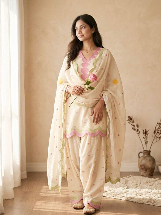 Designer Heart Motif Mal Chanderi Cotton Short Kurti with Scalloped Farshi Salwar and Dupatta Set