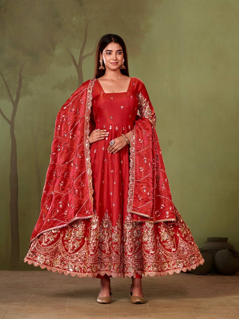 Designer Heavy Embroidered Chanderi Silk Long Flared Anarkali Kurta with Pant and Dupatta Set