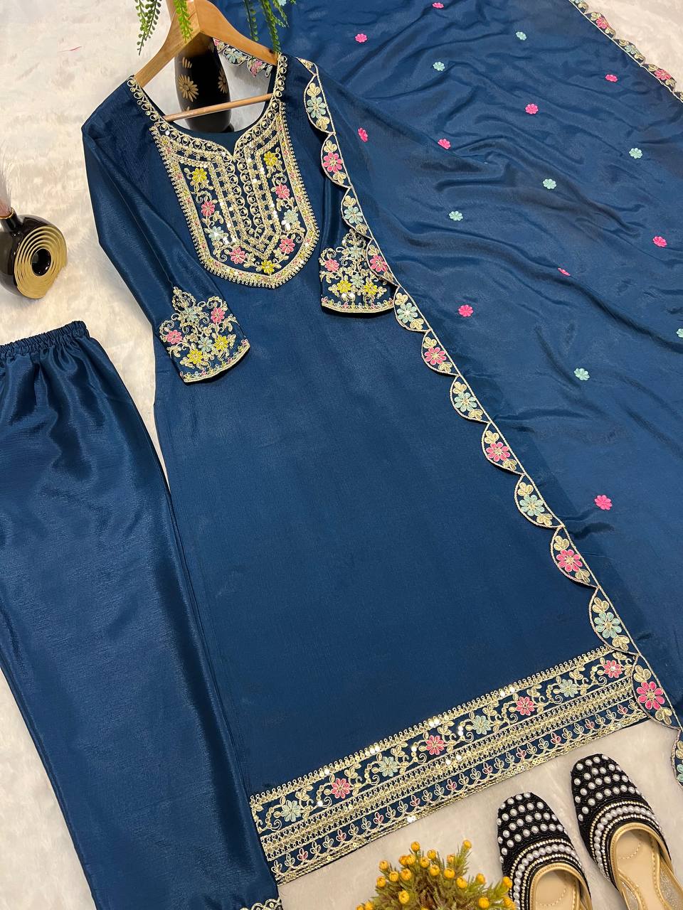 Premium Pure Chinon Silk Long Pakistani Suit & Pant Set with Sequence Embroidery