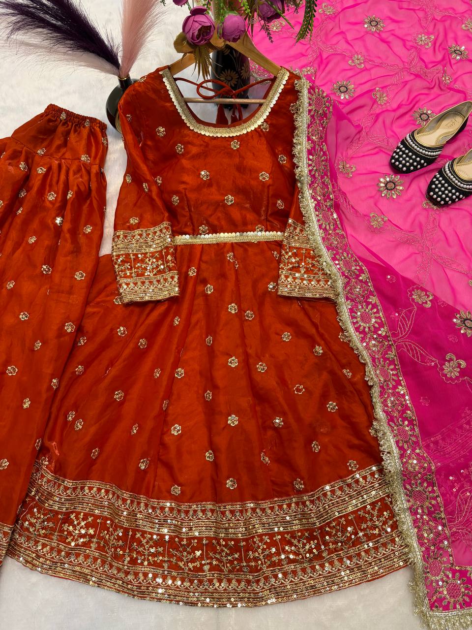 Premium Fandy Silk Flared Top & Farshi Salwar Set with 5mm Sequence Work