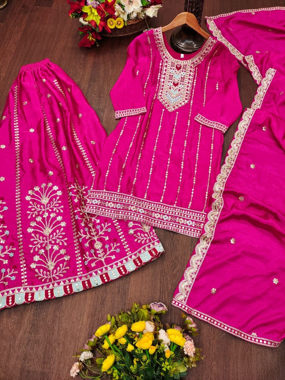 Premium Chinon Coding Sequence Sharara Suit Set with Huge Flair | 2 Elegant Colors (Sizes S-XXL)